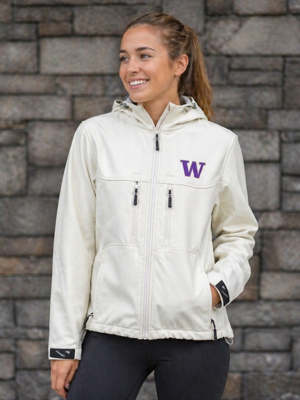 University of Washington Cream Stormtech Hooded Softshell Jacket w/ Purple W